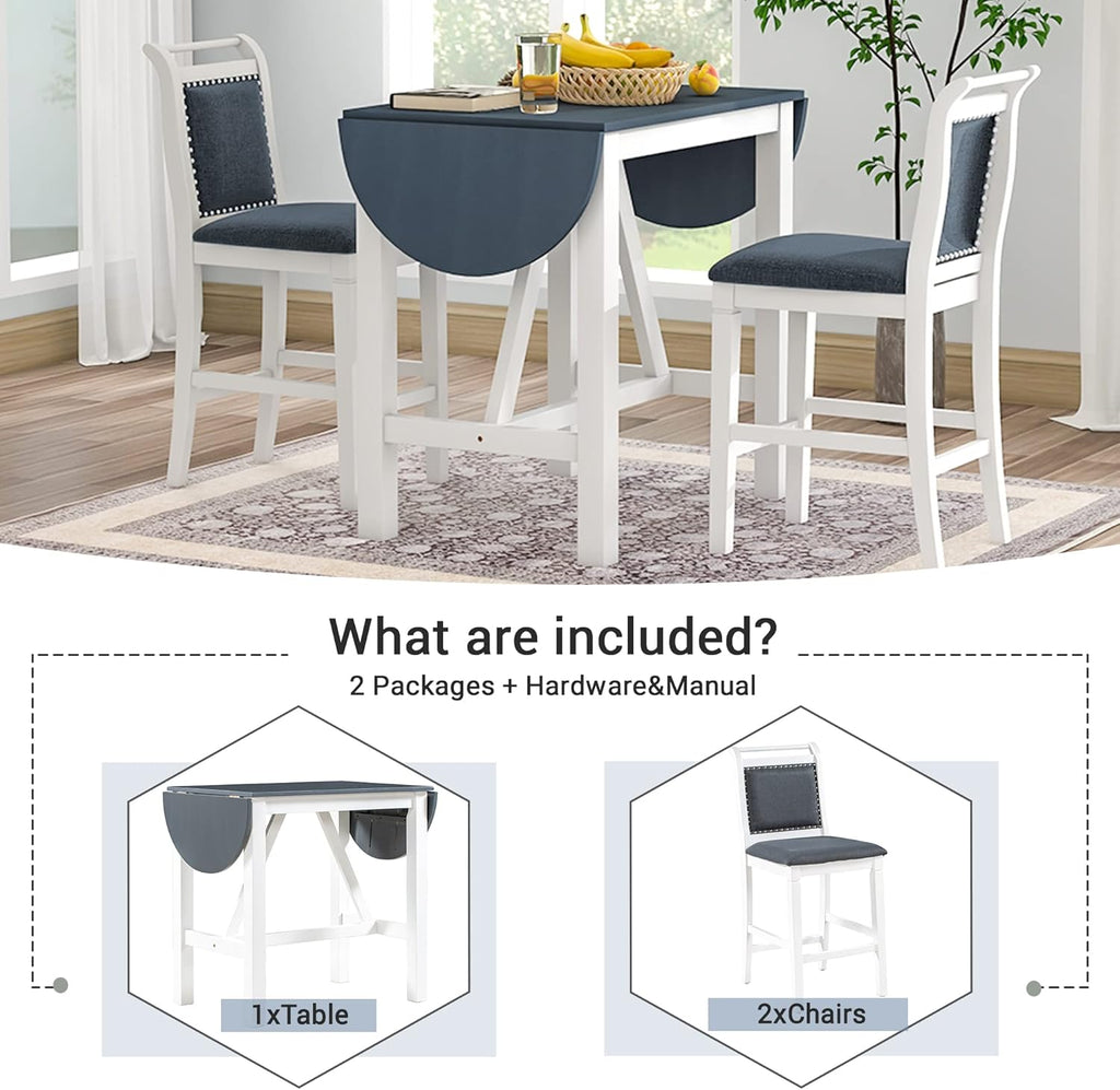 Farmhouse 3-Piece Counter Height Dining Table Set, Half-Round Drop Leaf Dining Table with 2 Upholstered Dining Chairs, Heavy Solid Wood Breakfast Kitchen Dining Room Set for Small Space (White-3PCS)