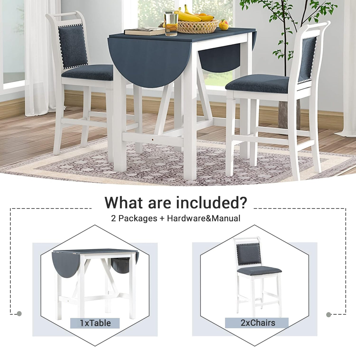 Farmhouse 3-Piece Counter Height Dining Table Set, Half-Round Drop Leaf Dining Table with 2 Upholstered Dining Chairs, Heavy Solid Wood Breakfast Kitchen Dining Room Set for Small Space (White-3PCS)
