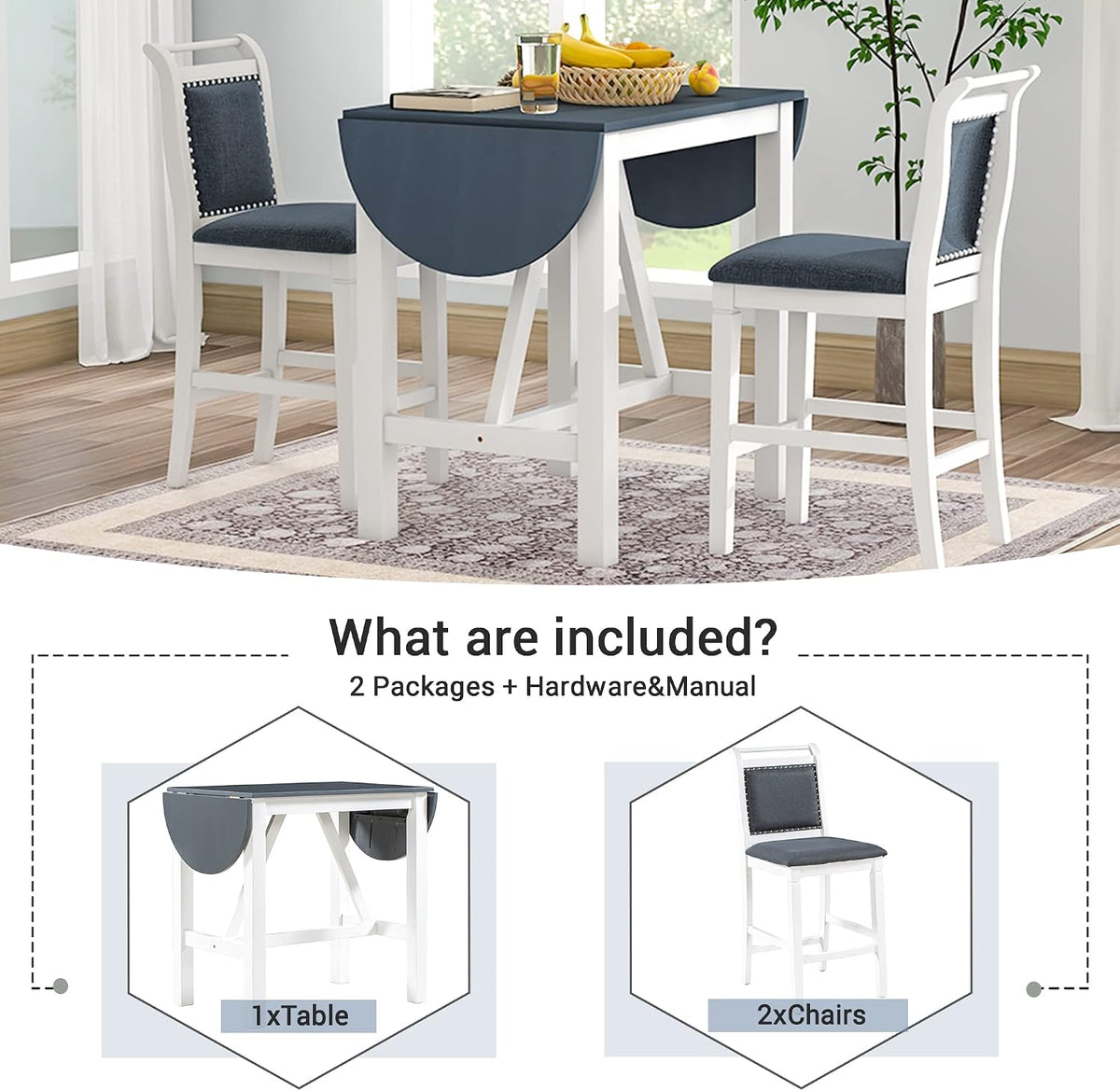 Linique 3-Piece Drop Leaf Dining Table Set with 2 Upholstered Chairs, Wood Counter Height Table & Chair Set for Small Place, White+Dark Gray Cushion