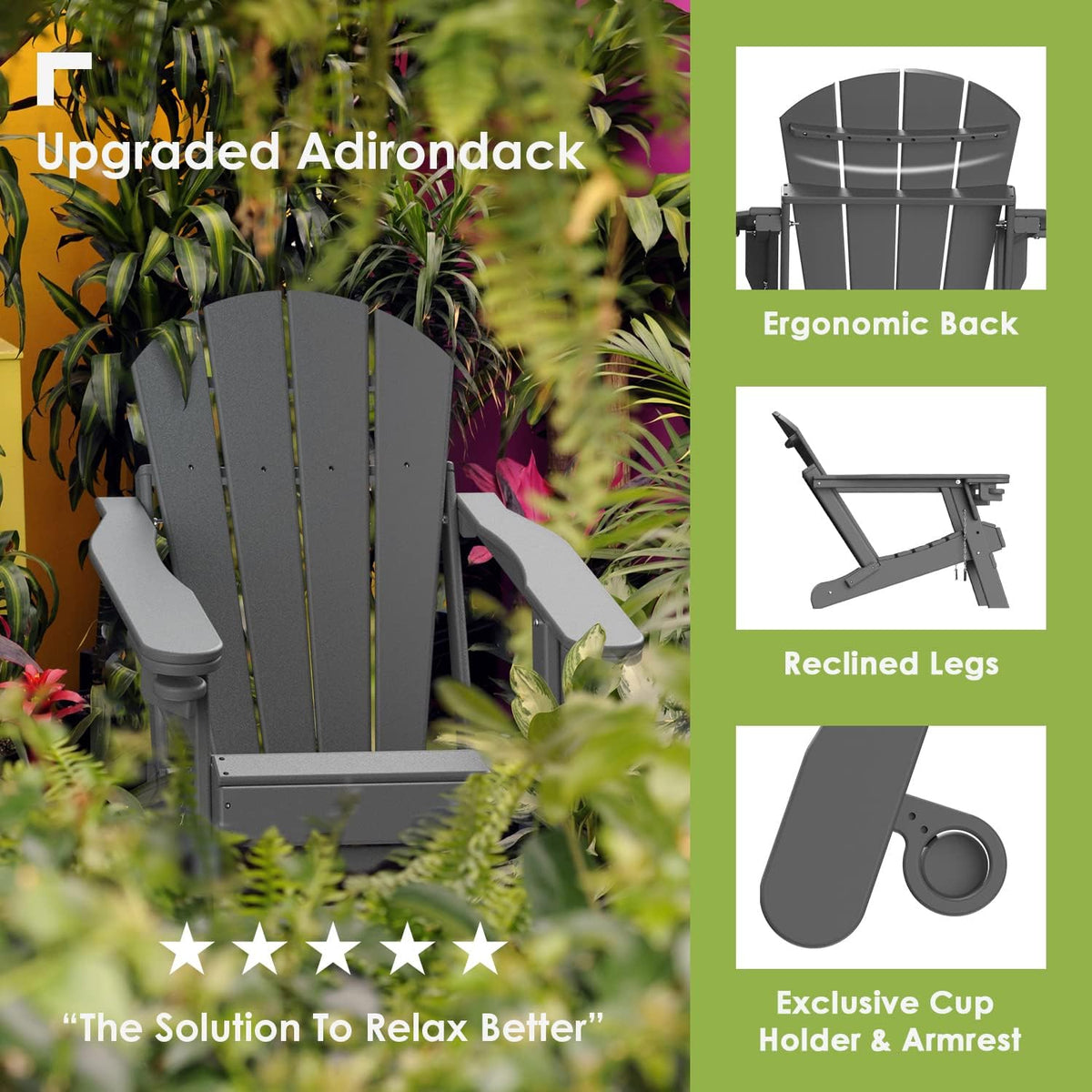 GREENVINES Folding Adirondack-Chairs-with-Ottoman Set of 2, HDPE, Grey