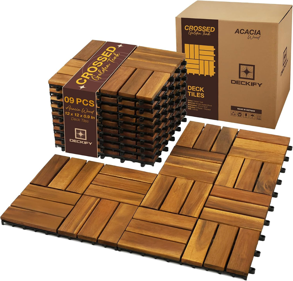 9-Piece Acacia Wood Interlocking Deck Tiles, Golden Teak Crossed