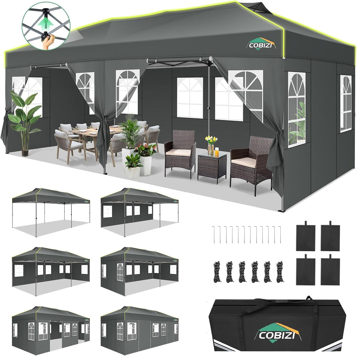 COBIZI 10x20 Pop Up Canopy Tent with 6 Removable Sidewalls, Outdoor, Gray