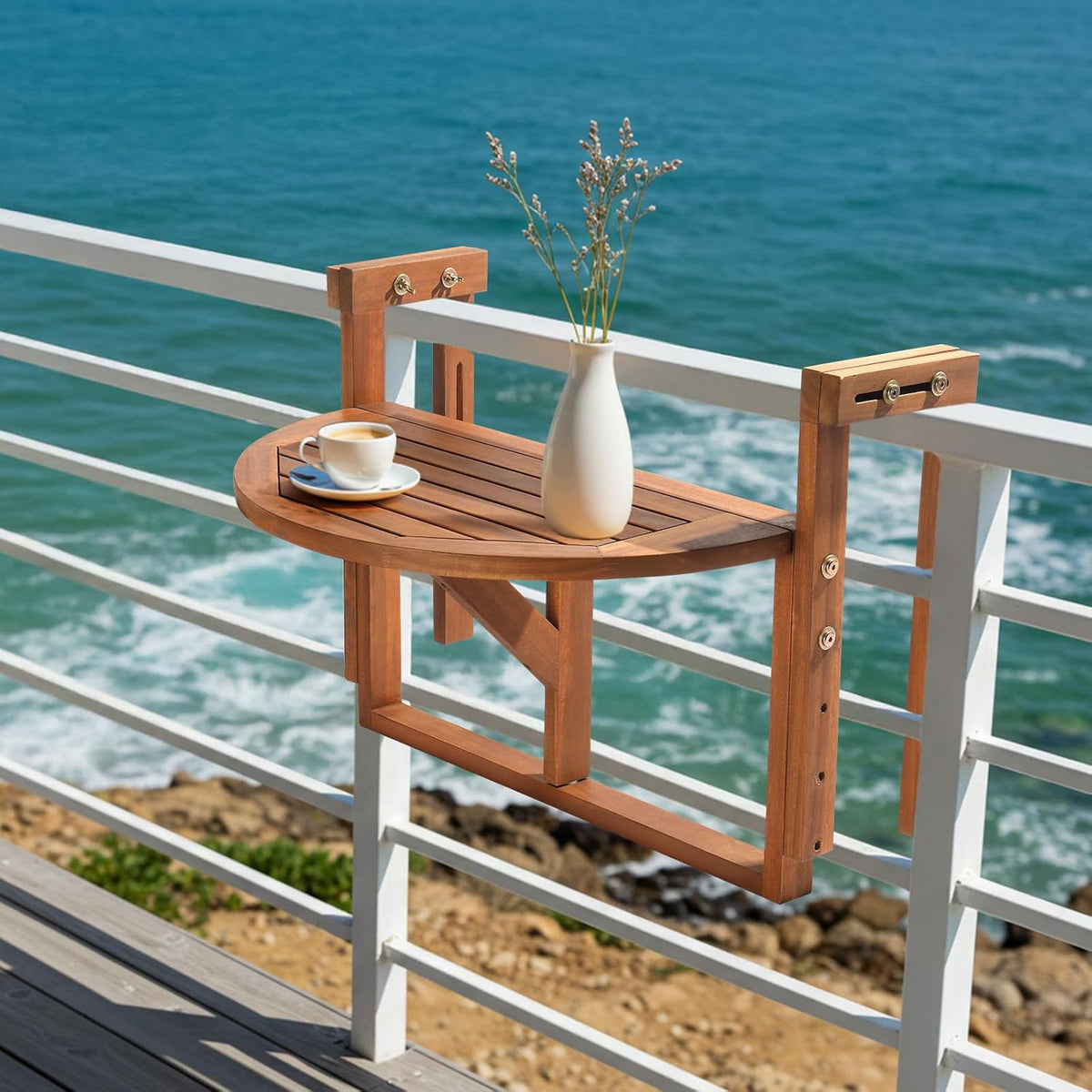 Outvita Acacia Wood Folding Balcony Bar Table, Semicircular