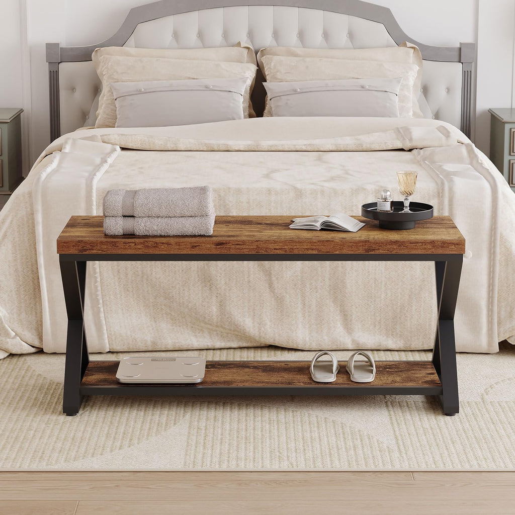 IBF Rustic Entryway Bench with Storage, Rustic Brown Wood and Metal Bench