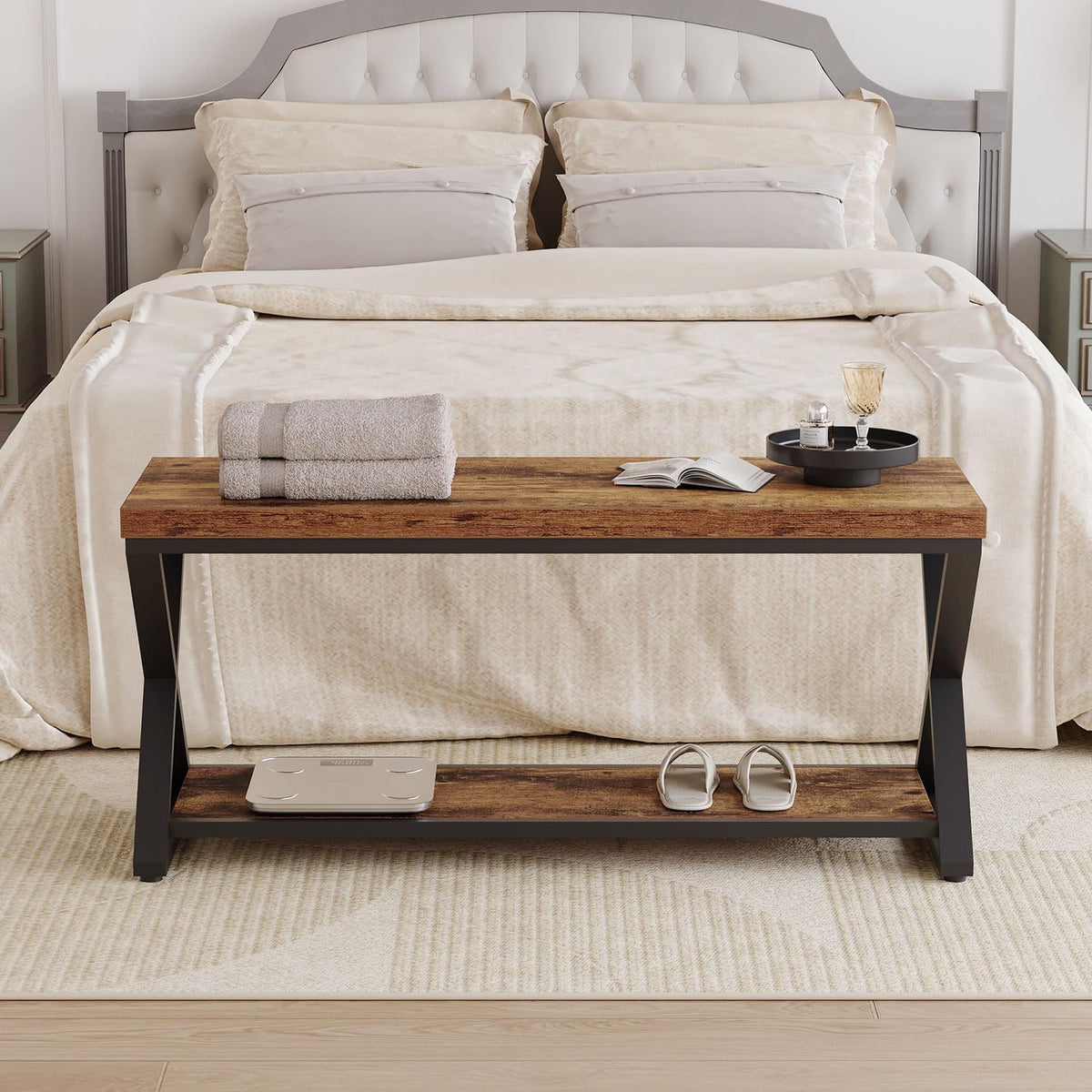 IBF Rustic Entryway Bench with Storage, Rustic Brown Wood and Metal Bench