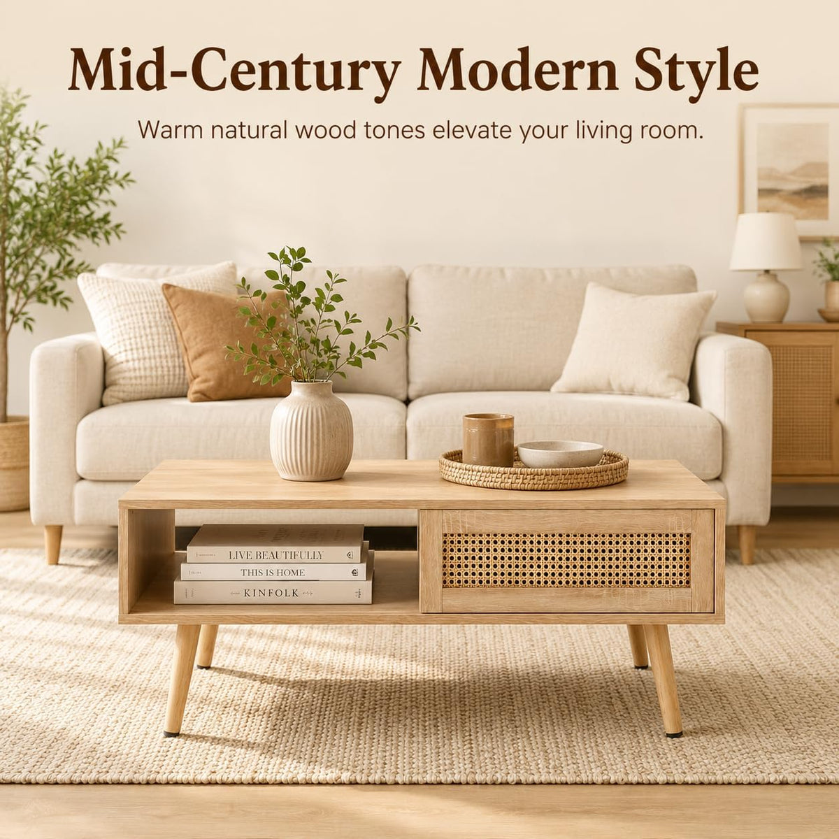 Rattan Coffee Table with Sliding Storage Door, 41.34'' Rectangular Wood Center Table with Solid Wood Legs, Modern Boho Living Room Coffee Table for Apartment, Light Wood