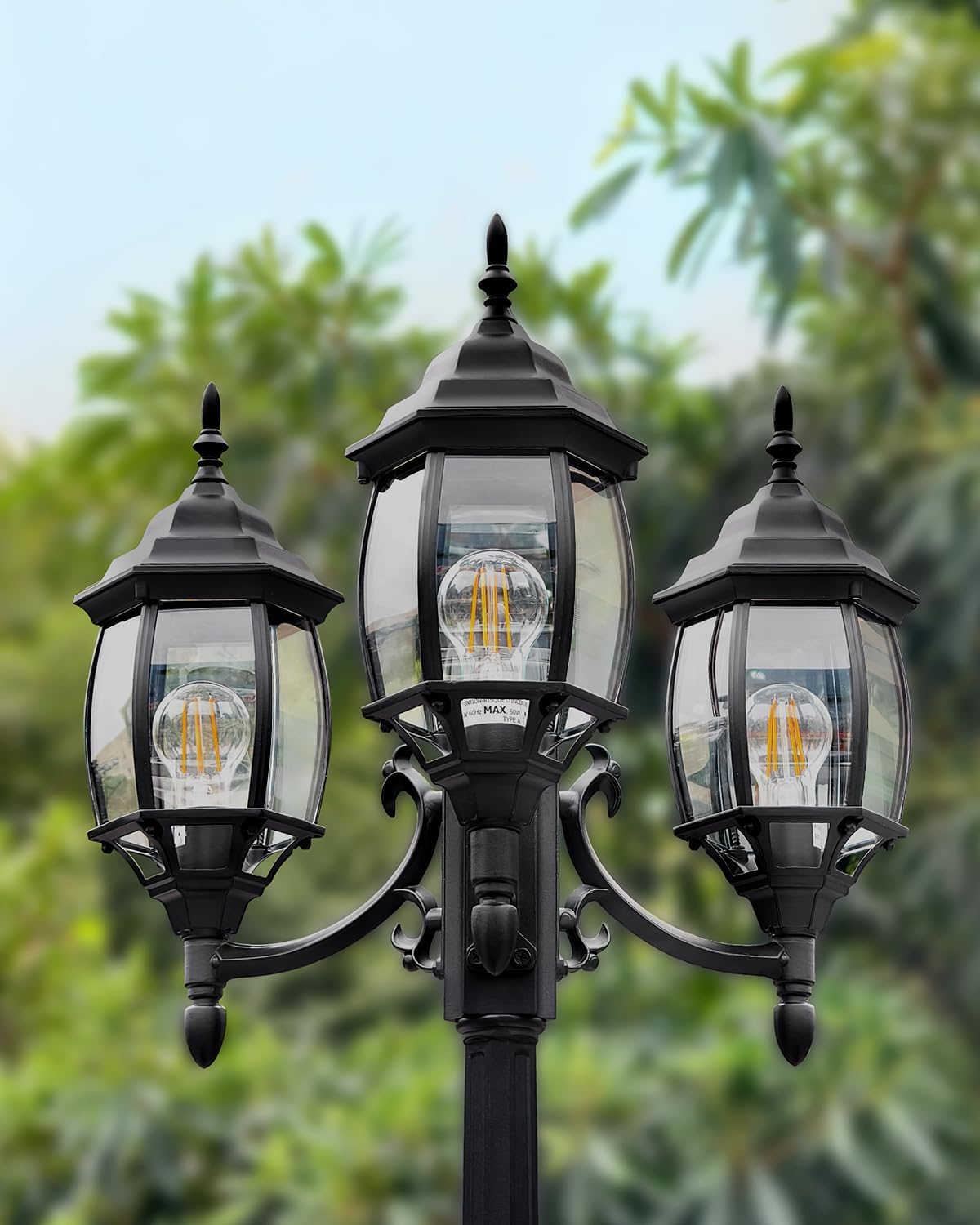 Redluck Motion Sensor Outdoor Post Lights, 3-Head Dusk to Dawn Lamp Post