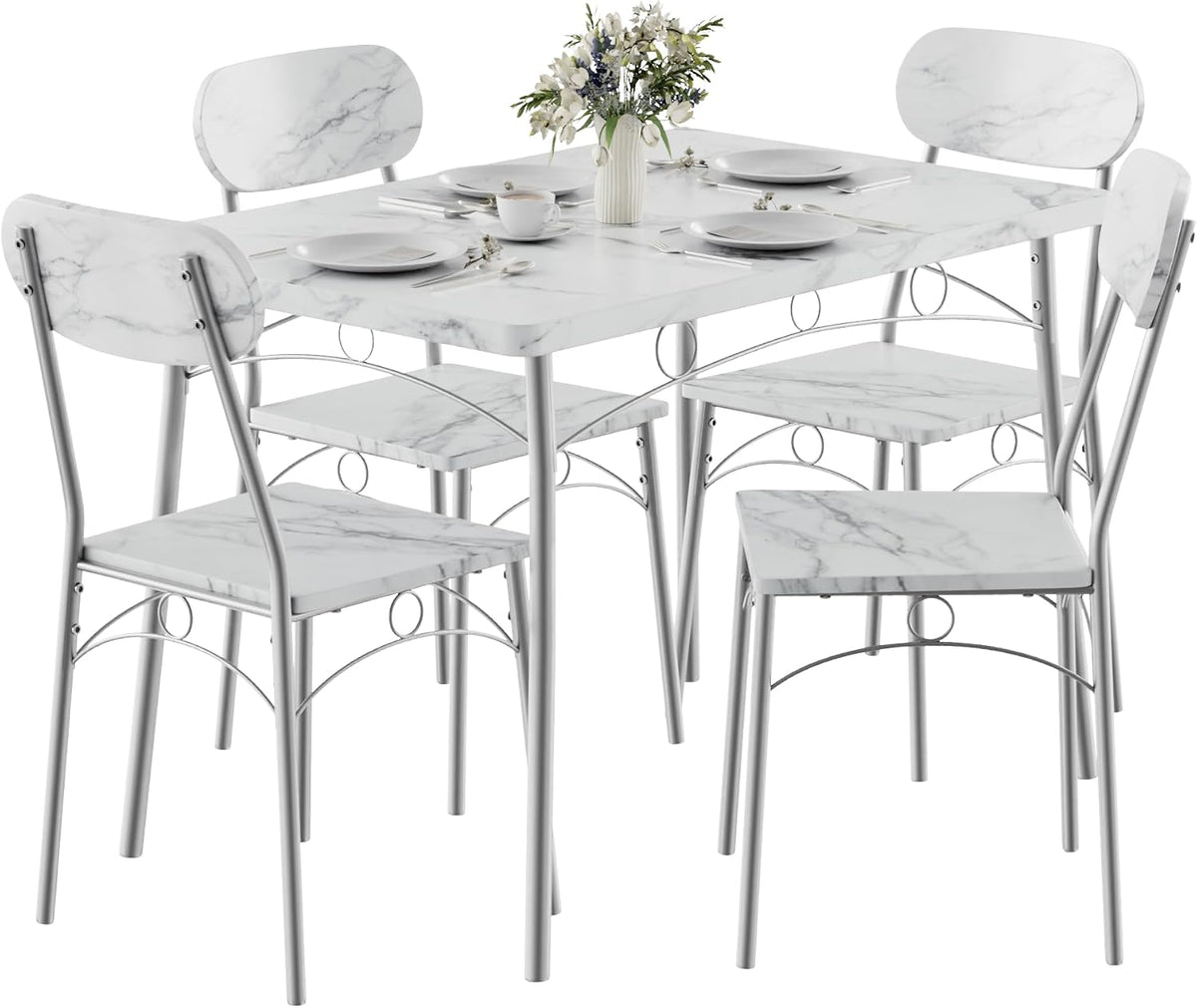 VECELO Dining Table Set for 4, 5-Piece Kitchen Table with 4 Chairs, MDF Board Tabletop with Metal Frame for Small Space, Compact Dinette, Breakfast Nook, Marble White