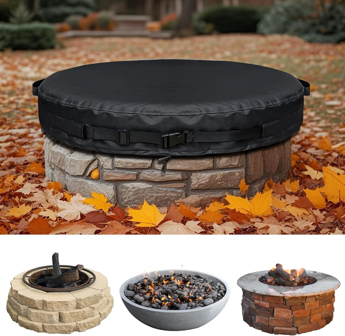 51-74.8" Round Fire Pit Cover Heavy Duty 600D Oxford Waterproof Outdoor Firepit Cover with Adjustable Buckle Strap for In-Ground Built-In Stone/Gas Fire Pits (BLACK, 51")