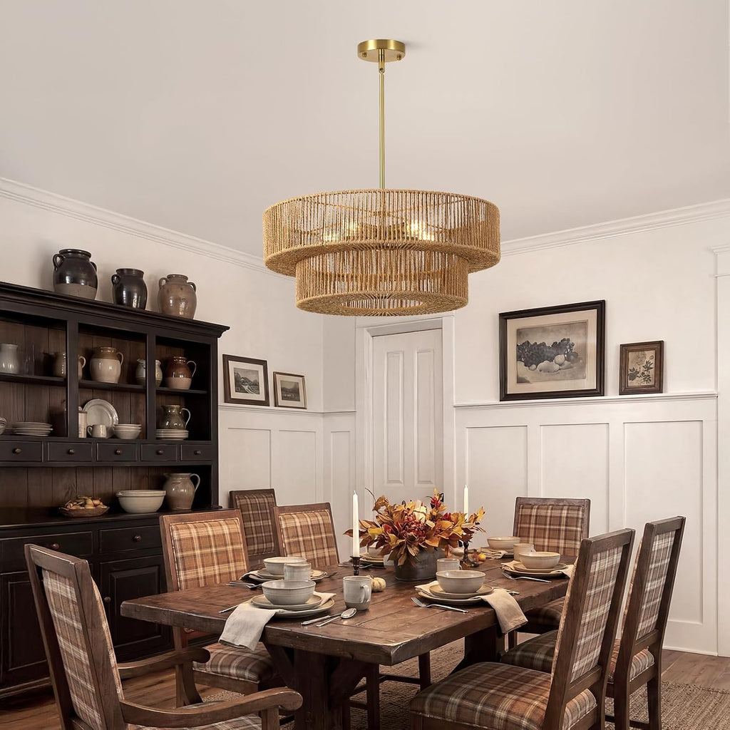 22" boho rattan chandelier, 5-light gold pendant light, package contents