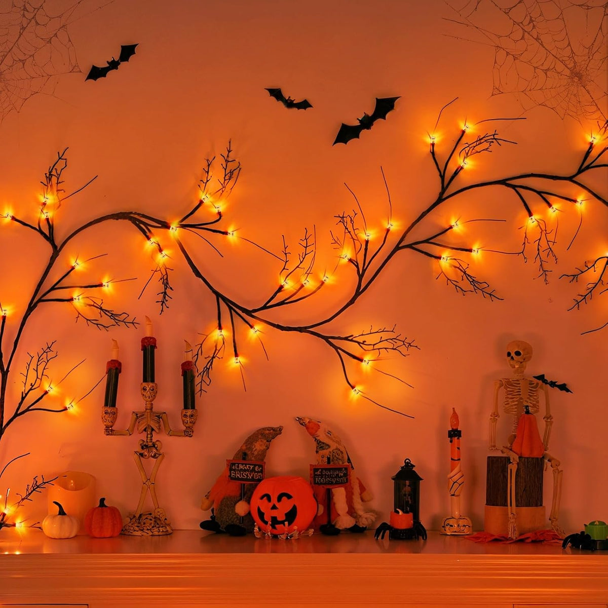 [8 Modes & Timer] 9 Ft Halloween Garland Willow Vine Twig Decor with 72 LED Orange Lights - Waterproof Battery Operated Indoor Wall Fireplace Decorations