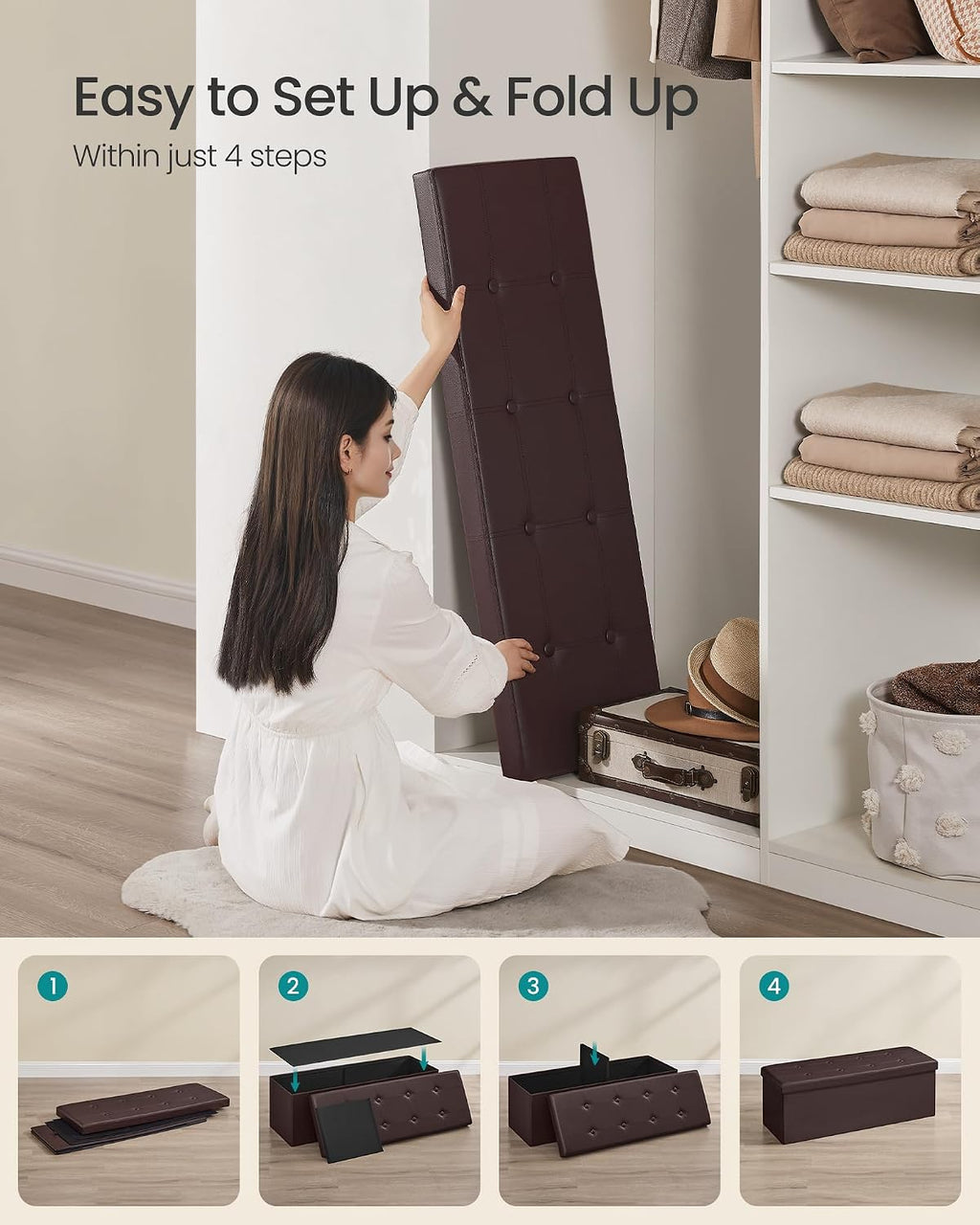 SONGMICS Storage Ottoman Bench, 43.3 Inches Folding Foot Rest Stool