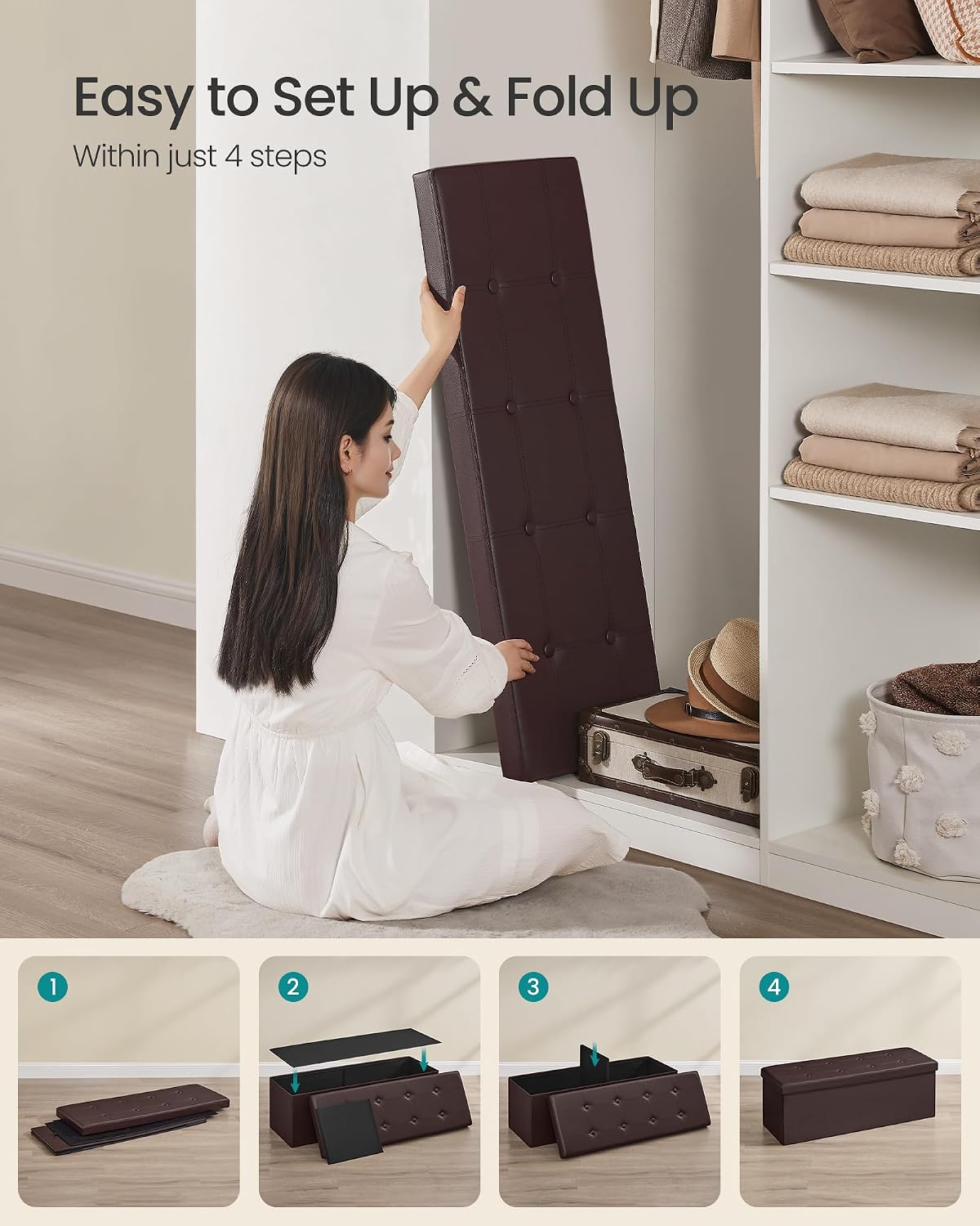 SONGMICS Storage Ottoman Bench, 43.3 Inches Folding Foot Rest Stool