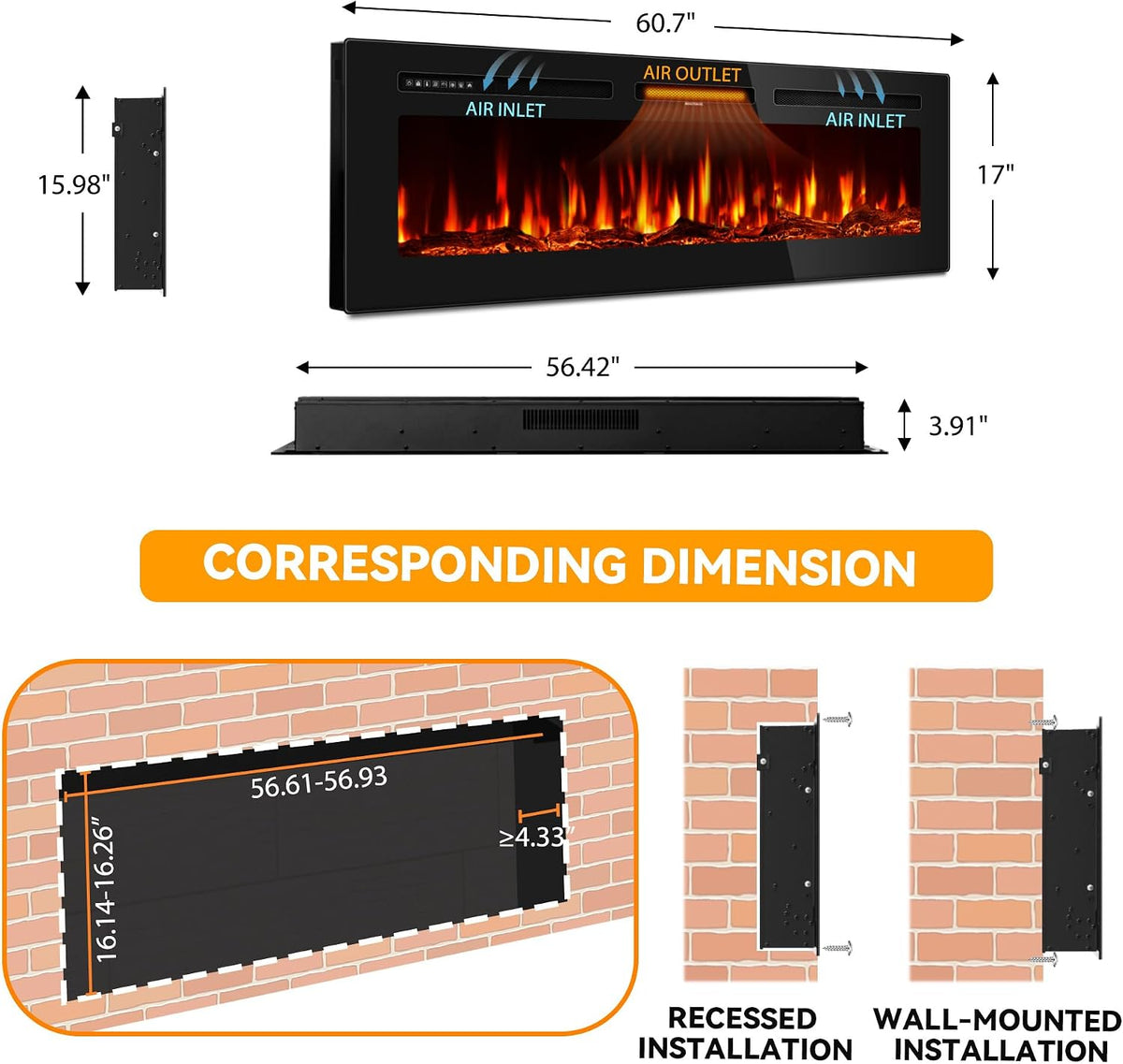 Tehanld 60" Ultra-Thin Electric Fireplace Heater, Recessed Wall Mounted