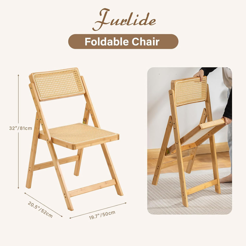 Furlide Rattan Folding Chair, Bamboo Dining Chair for Kitchen, Wood