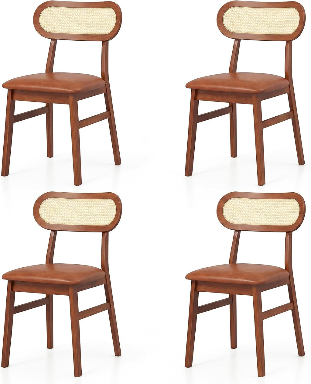 GOFLAME Wooden Dining Chairs Set of 4, Mid-Century Modern Kitchen Chairs with Upholstered Seat & Rattan Backrest, Faux Leather Cover, Armless Side Chairs for Kitchen, Dining Room, Restaurant, Espresso
