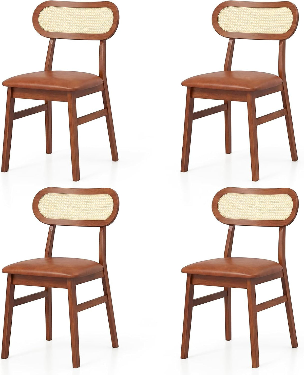 GOFLAME Wooden Dining Chairs Set of 4, Mid-Century Modern Kitchen Chairs with Upholstered Seat & Rattan Backrest, Faux Leather Cover, Armless Side Chairs for Kitchen, Dining Room, Restaurant, Espresso