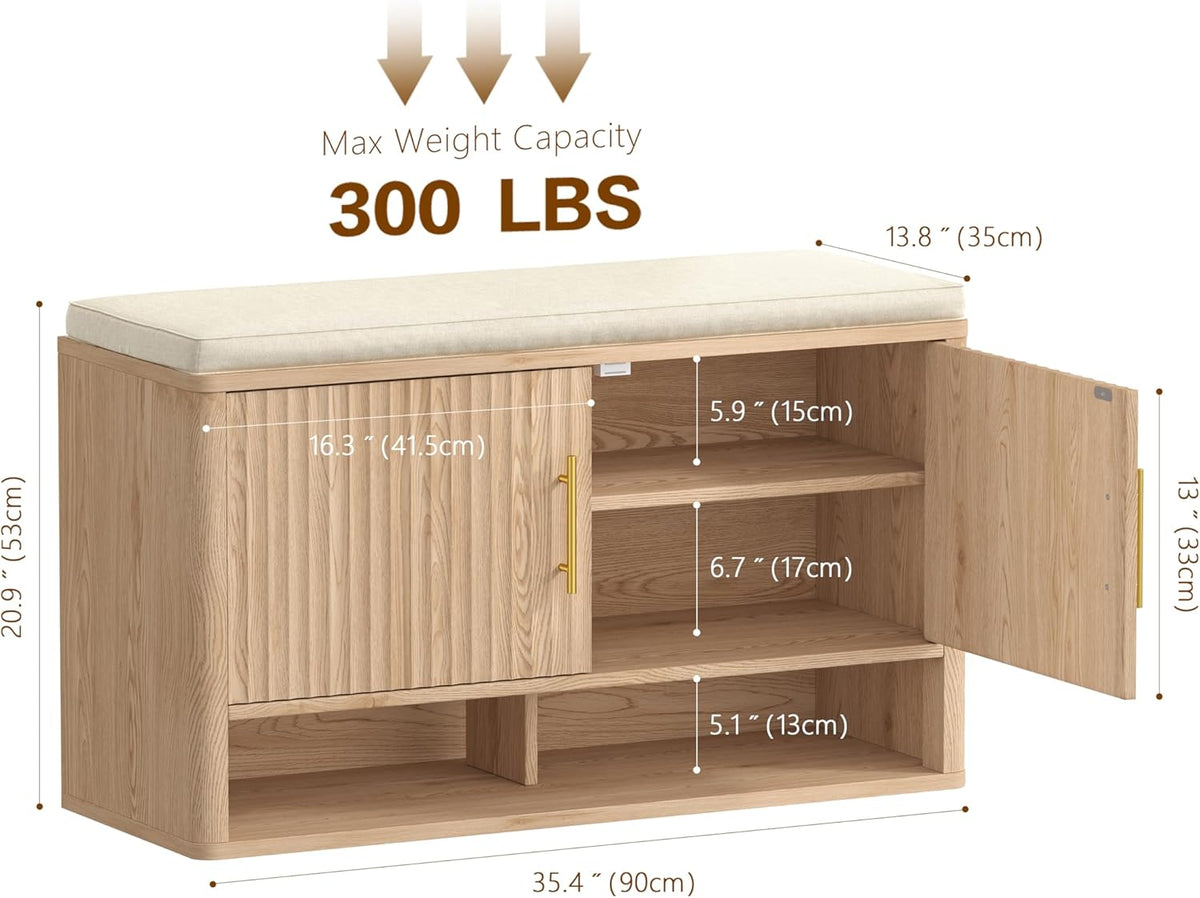 fluted shoe storage bench, entryway bench with adjustable shown in use