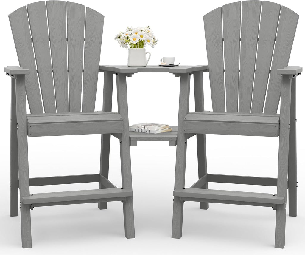 Tall Adirondack Chairs Set of 2 with Double Removable Trays, Grey