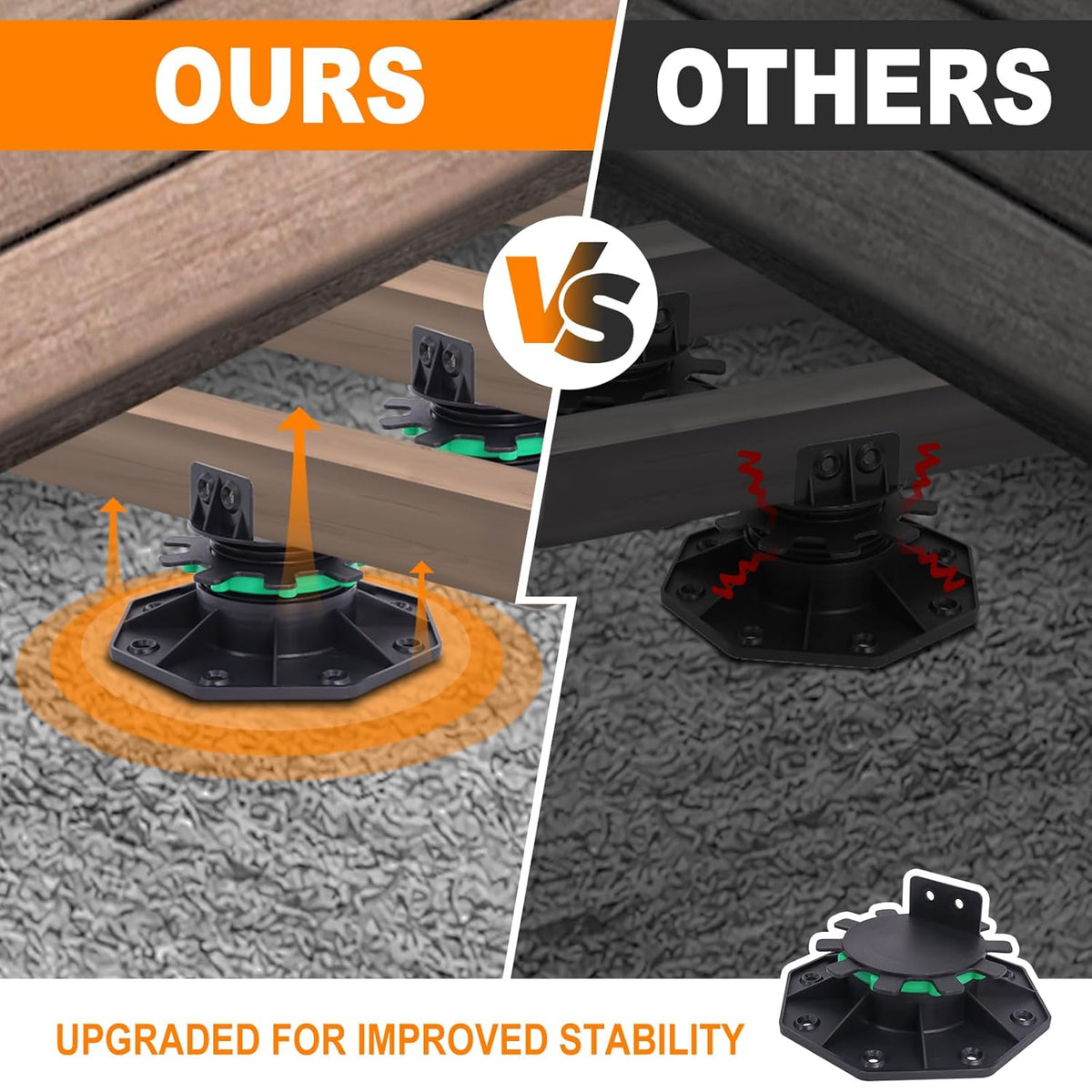 adjustable deck support pedestals, 1-9/16" to 2-3/8" height shown in use