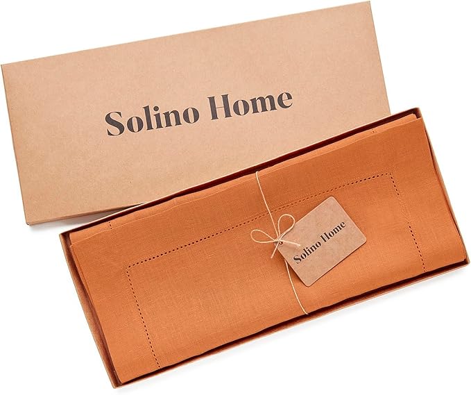 Solino Home Linen Pumpkin Hemstitch Table Runner 60 Inches - 100% Pure Linen Small Table Runner 14 x 60 Inch Ideal for Dresser and Coffee Tables - Classic Hemstitch - Fall, Halloween, Thanksgiving