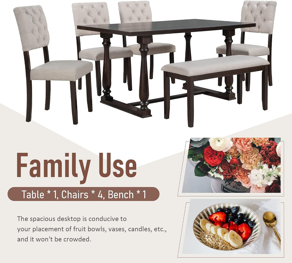 Merax 6 Pieces Dining Table Chair Set with Bench, Rectangle 4 Upholstered Chairs & a Wood Kitchen for Persons, Modern Style Room (Espresso+Beige)