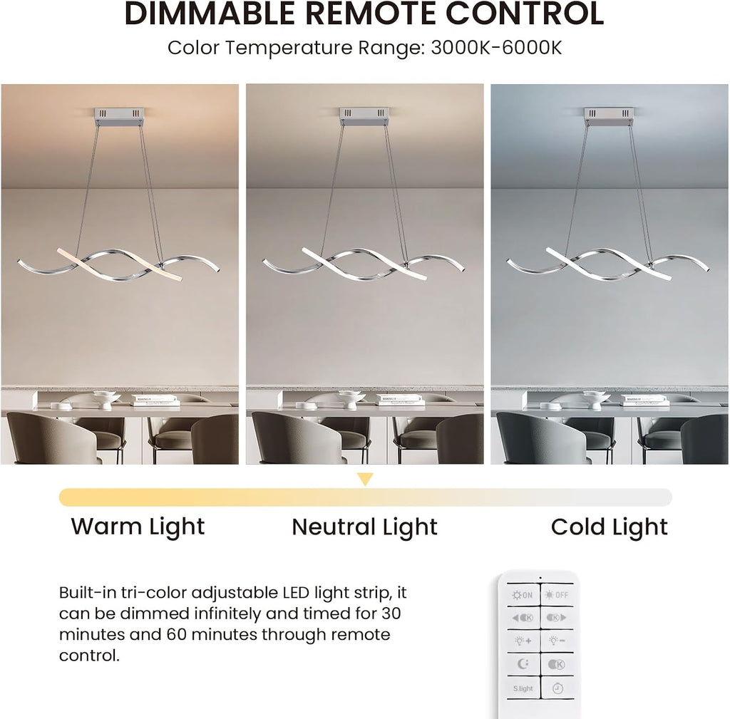 NOXARTE Modern LED Chandelier Dimmable Hanging Ceiling Light, Silver Pendant Light Fixture with Remote Control for Dining Room Kitchen Island Office Over Table 35.4 Inch