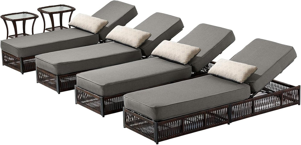Luxury Outdoor Chaise Lounge Chairs of 4 with 5 Inch Thick Cushions and Side Table - 6 PCS High Back Brown Wicker Rattan Patio Recliners Lounger Furniture Set for Poolside Sunbathing - Grey