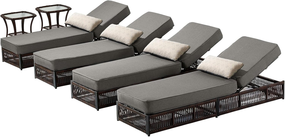 Luxury Outdoor Chaise Lounge Chairs of 4 with 5 Inch Thick Cushions and Side Table - 6 PCS High Back Brown Wicker Rattan Patio Recliners Lounger Furniture Set for Poolside Sunbathing - Grey