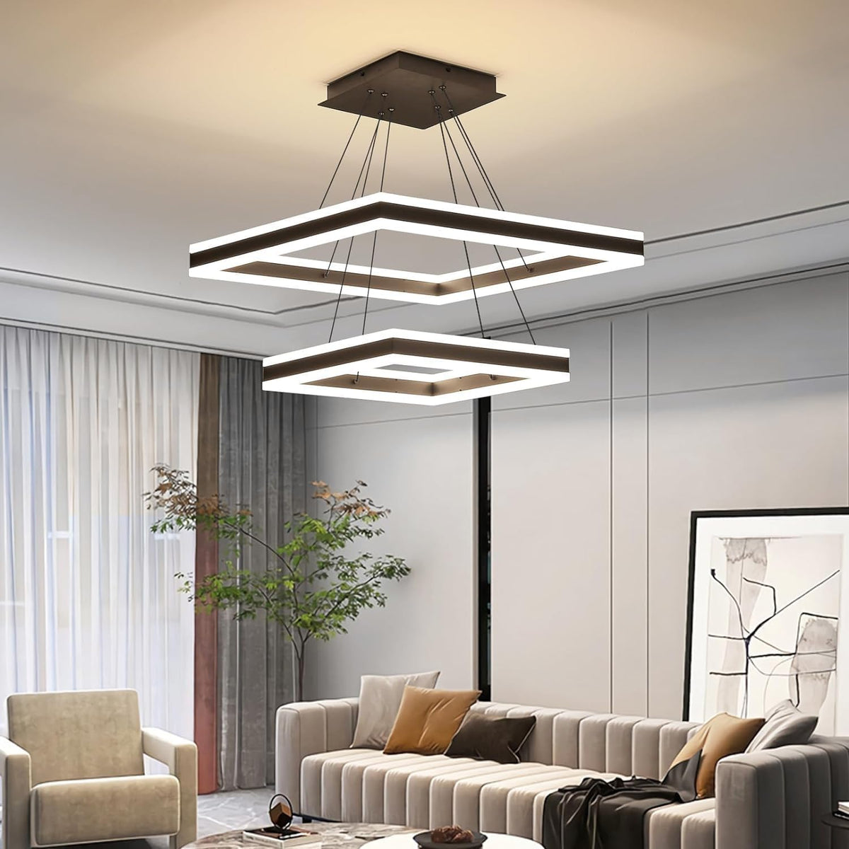 Modern LED Chandelier, 2-Light Black Ceiling Chandelier Pro for Dining Room Light Fixtures Hanging Color Temperature and Height Adjustable Chandeliers for Living Room, Bedroom, Kitchen 15.7+23.6IN