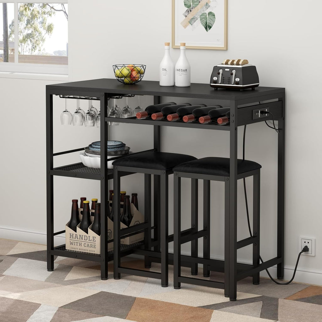 Bar Table and Chairs Set with Power Outlet, Pub Table and Chairs Set for 2
