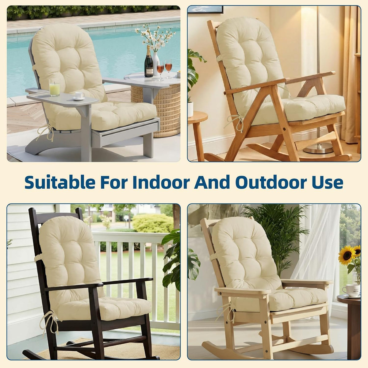 Adirondack Chair Cushion 44"x19"x4", High Back Rocking Chair Cushion Non-Slip Waterproof Patio Chair Cushions for Outdoor Indoor, UV Resistant One-Piece Glider & Porch Rocker Cushion, Cream Yellow