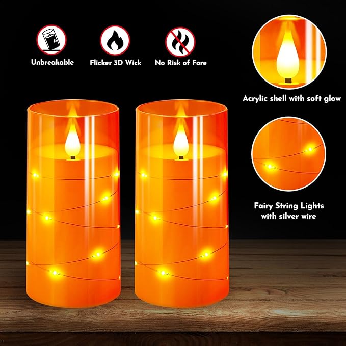 NURADA 3"x6"Flickering Flameless Candles: Built-in Star String Lights 3D Wick Battery Operated LED Pillar Candles with Remote and Timer for Halloween Thanksgiving Dinner Tables Home Fall Decor Orange