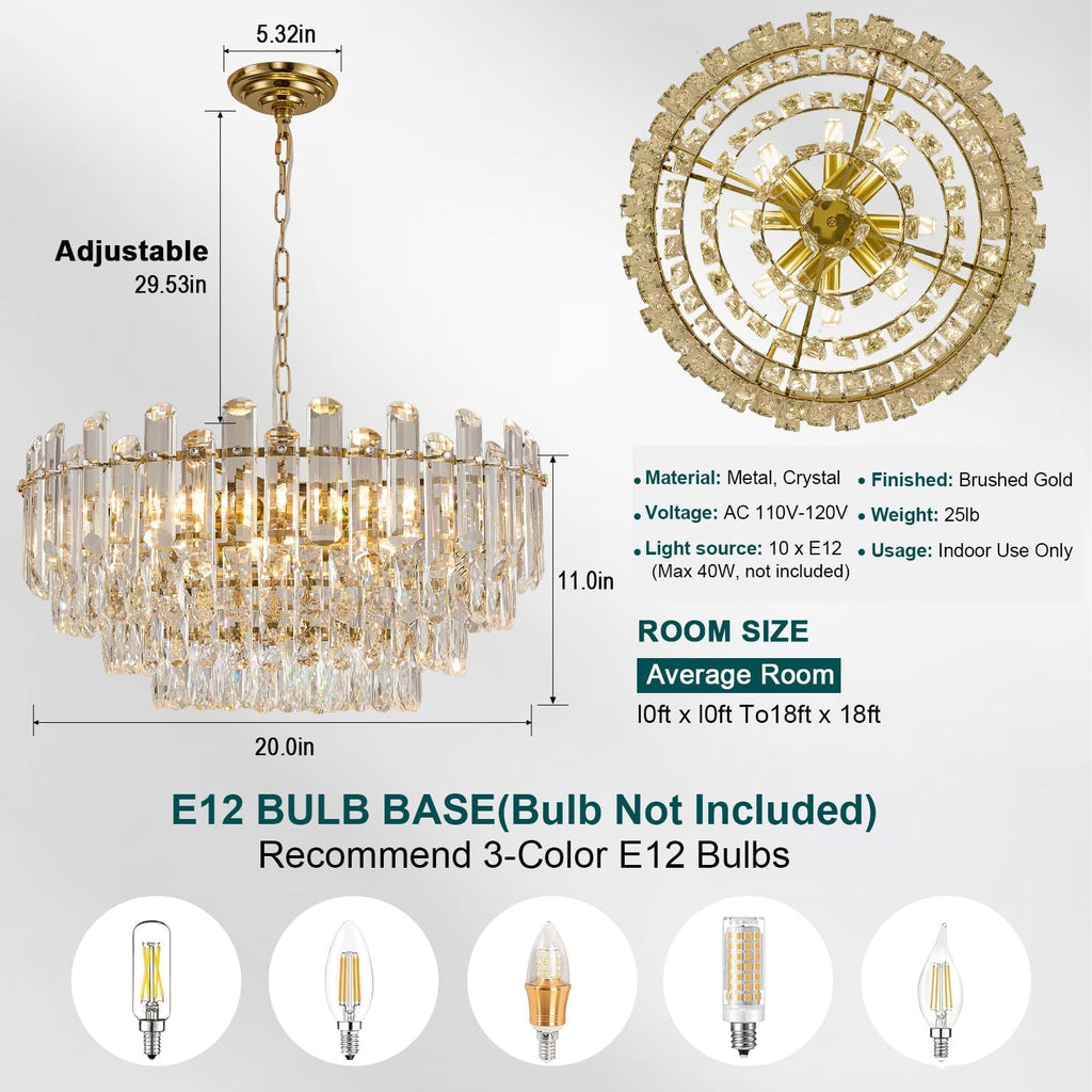 20" Gold Crystal Chandeliers for Dining Room, 10-Light Modern Chandelier