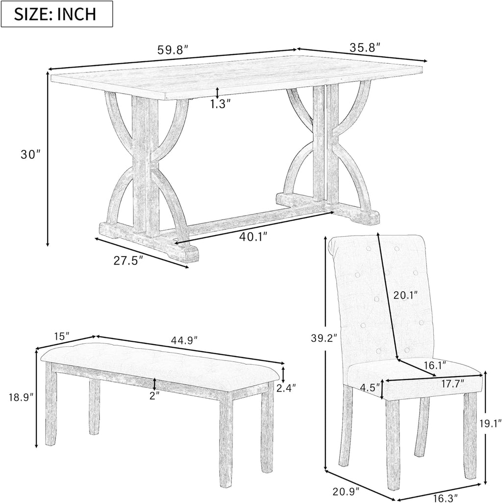 Merax 6-Piece Solid Wood Dining Table Set for 6, Wood Rectangular Kitchen Table Set with 4 Upholstered Chairs & 1 Bench for Dining Room & Kitchen, Natural Wood Wash