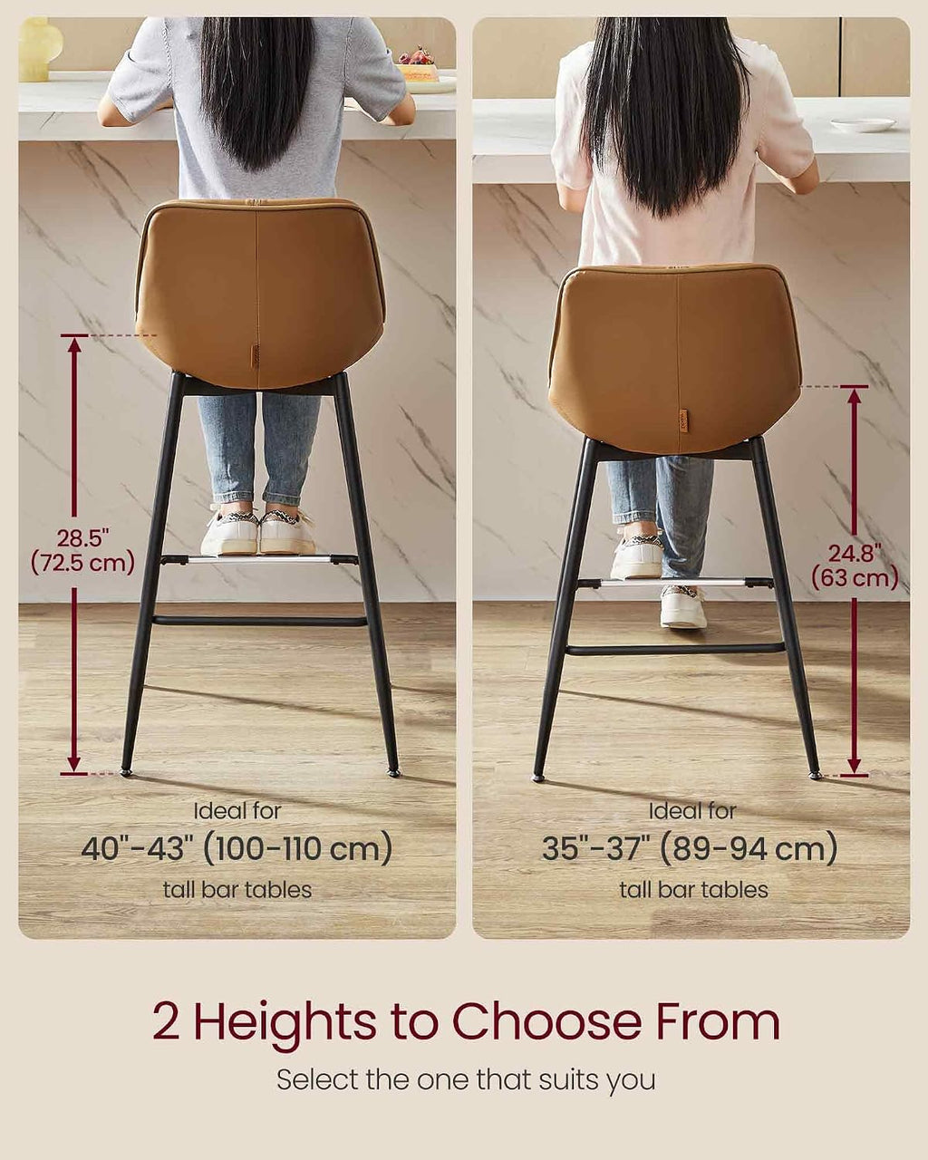 VASAGLE Bar Stools Set of 2, Counter Height, with Back, 24.8-Inch