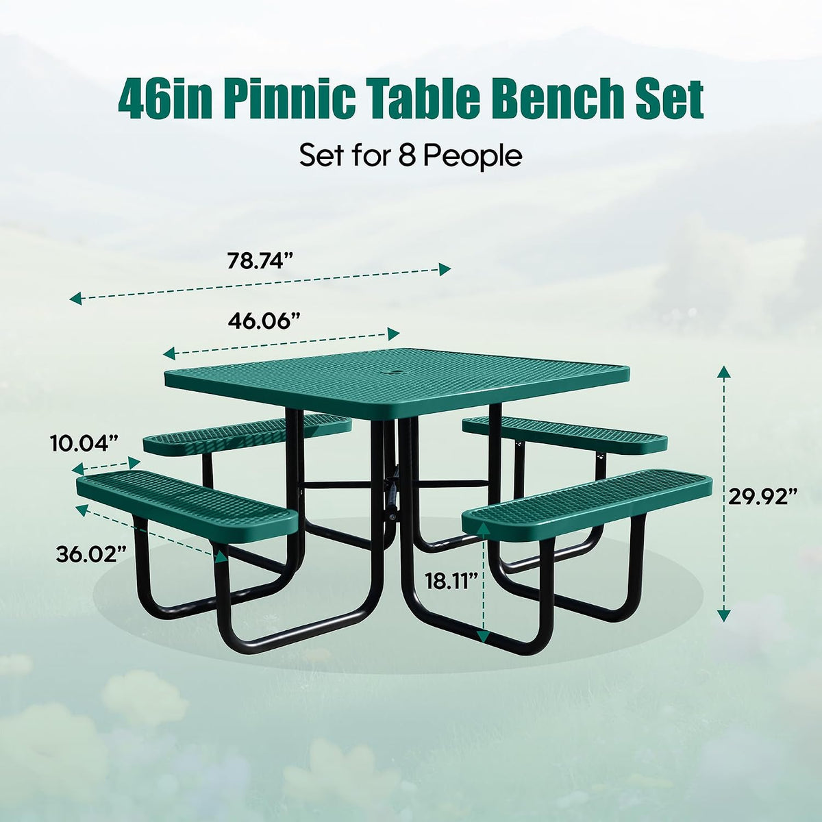 8-Person Picnic Tables for Outdoors, Industrial 46" Expanded Metal Square Picnic Table with 4 Benches & Umbrella Hole, Outside Table and Bench Set for Garden, Backyard, Porch, Patio, Green