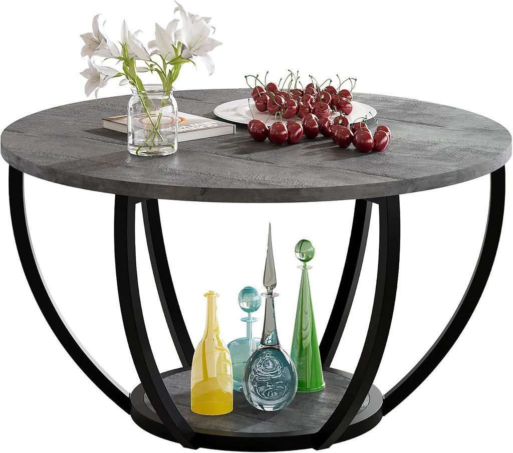 HOMERECOMMEND Round Coffee Table with 2-Tier Storage for Living Room,Grey