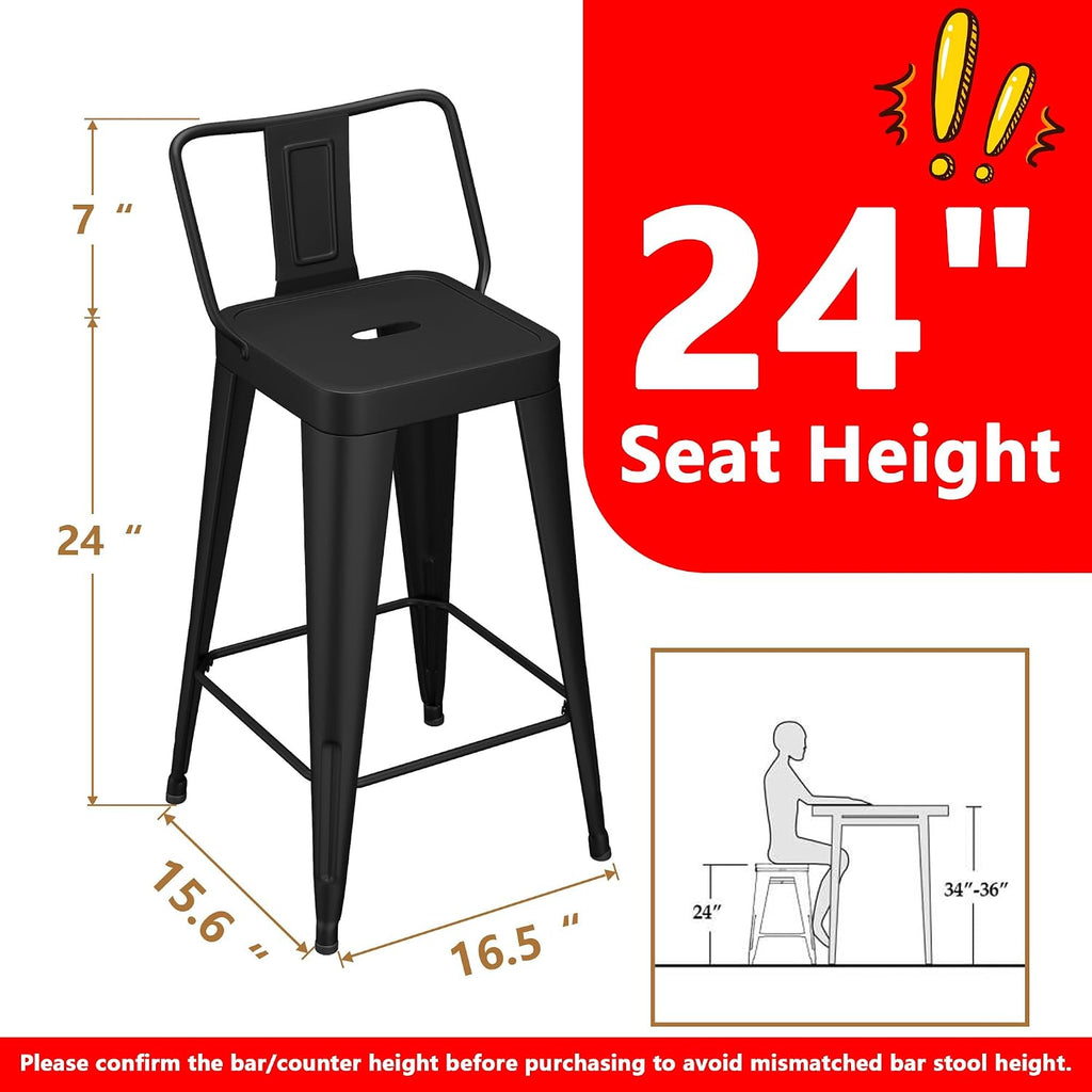WENTMENT Metal Bar Stools Set of 4 Counter Height Black Barstools with Removable Back 24" Kitchen Bar Stools