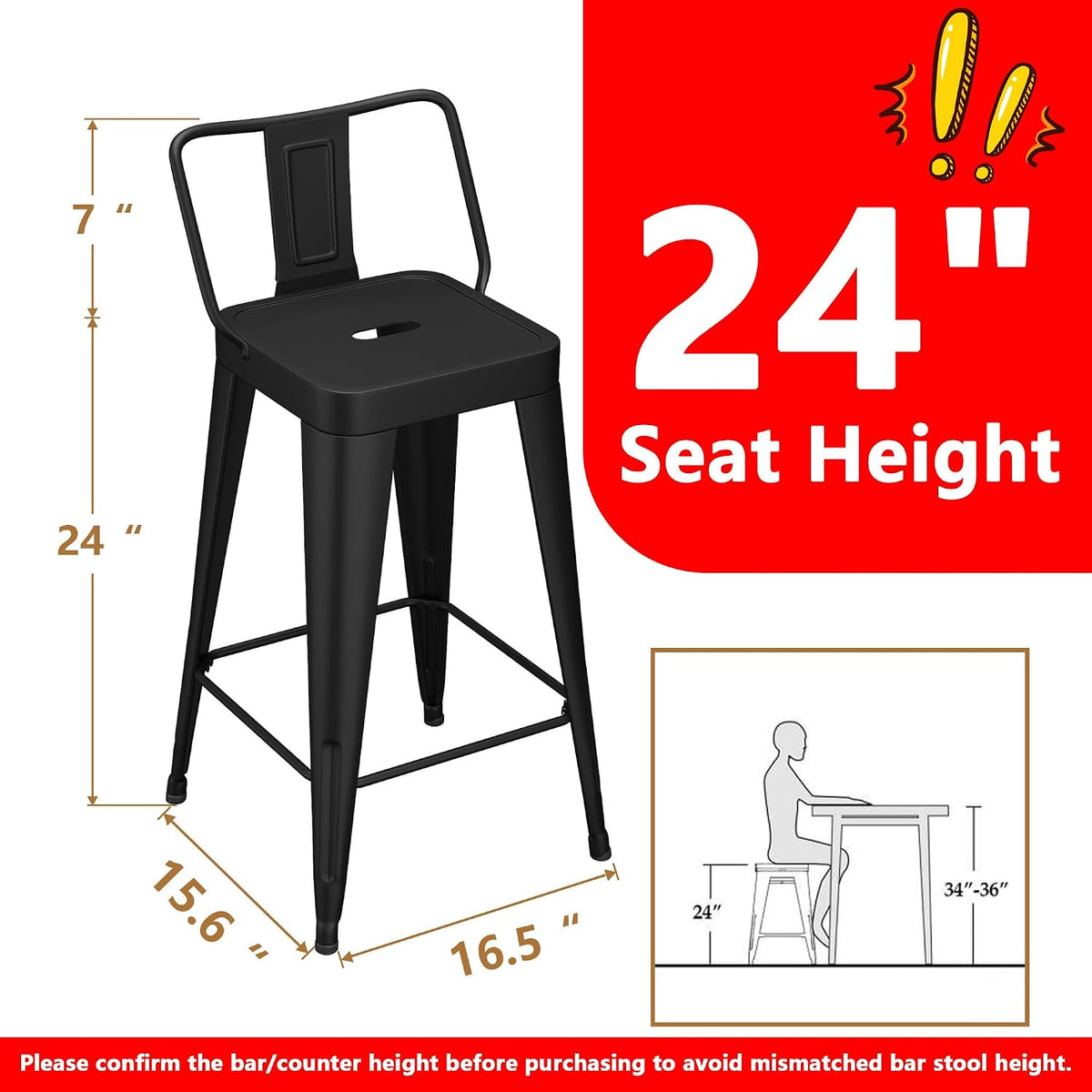 WENTMENT Metal Bar Stools Set of 4 Counter Height Black Barstools with Removable Back 24" Kitchen Bar Stools