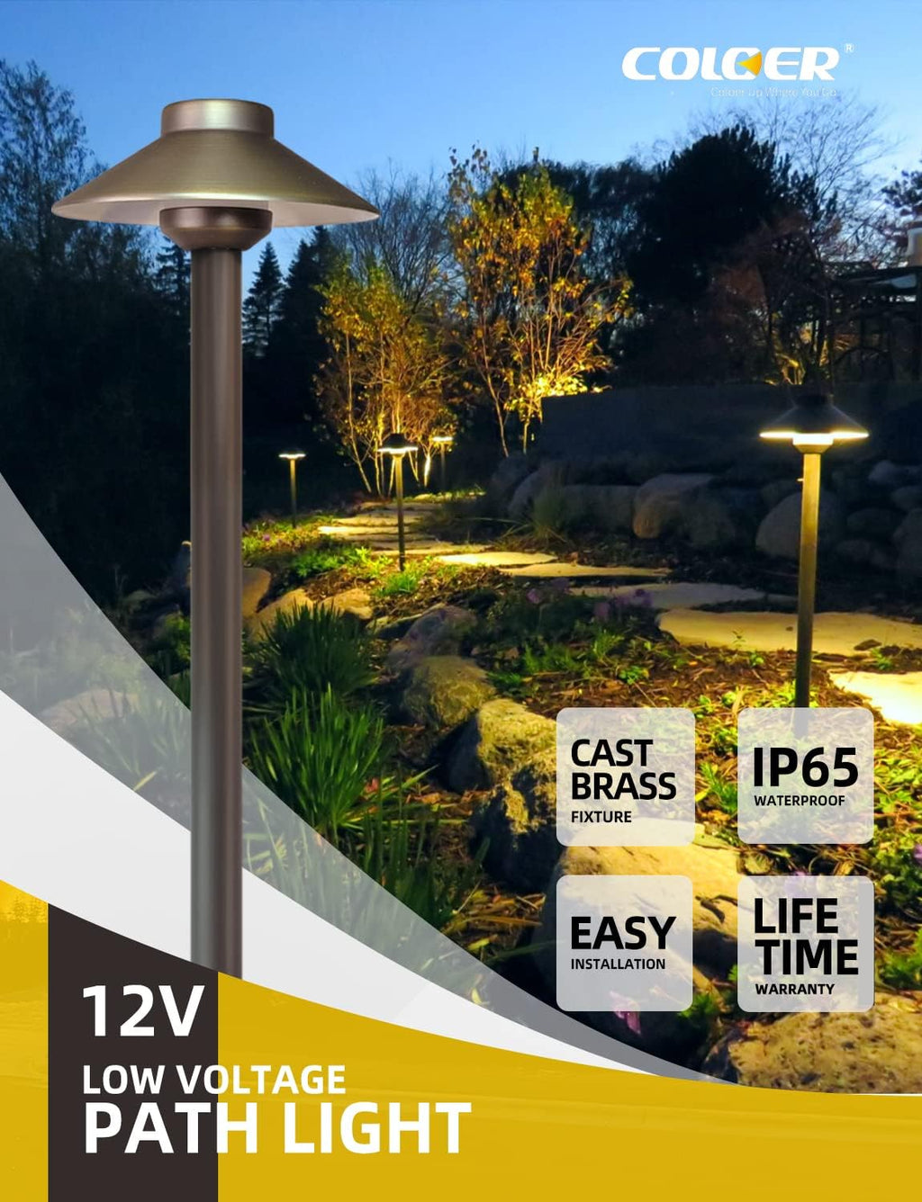 COLOER Brass Low Voltage Pathway Lights 4-Pack with 3W LED G4 Bulb (602B)