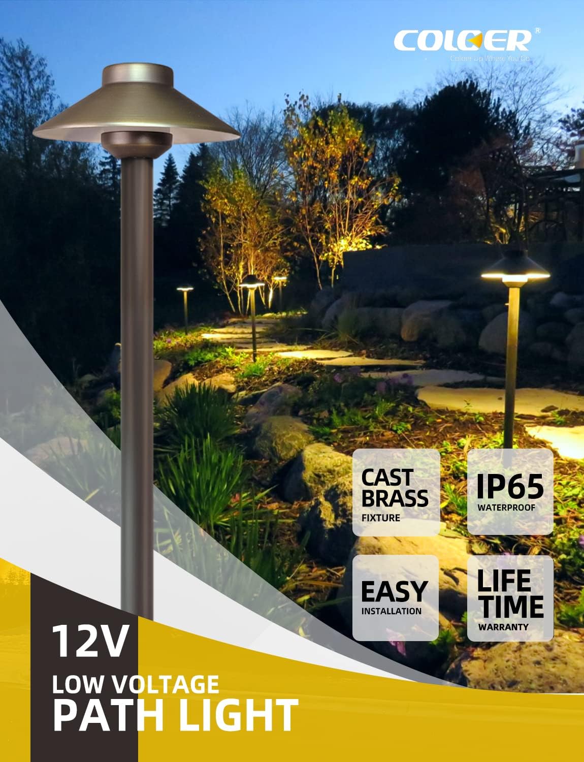 COLOER Brass Low Voltage Pathway Lights 4-Pack with 3W LED G4 Bulb (602B)