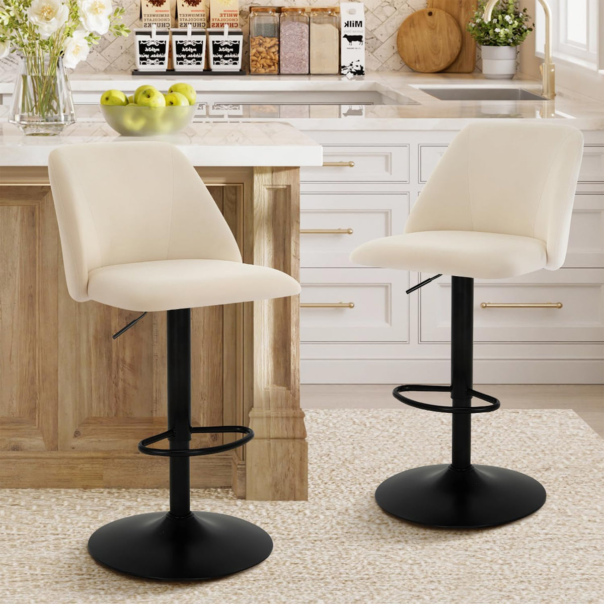 COLAMY Bar Stools Set of 4, Modern Swivel Bar Chairs, Adjustable Upholstered Barstools Counter Height with Full Backrest for Bar, Dining Room, Kitchen Island, Beige