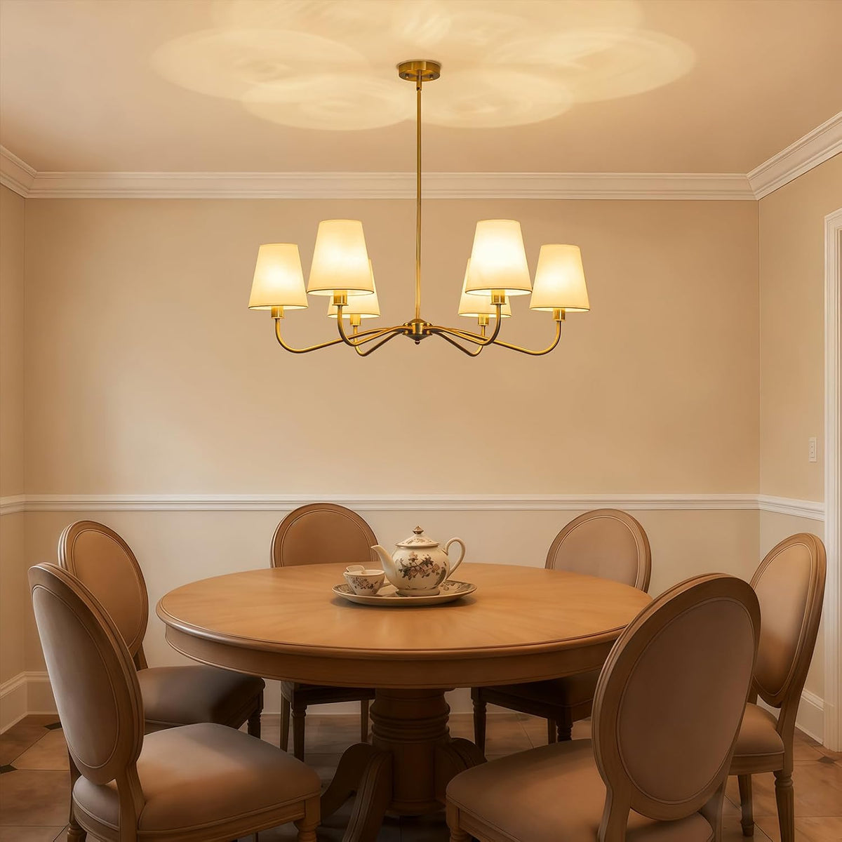 Brass Gold Chandeliers for Dining Room 6 Light Chandelier with Fabric Shade