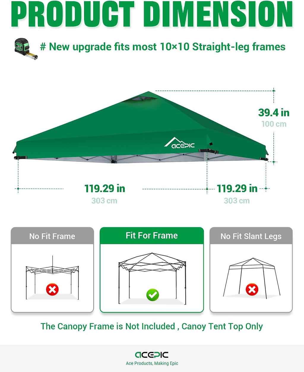 acepic upgraded 10x10 canopy replacement top with air showing dimensions