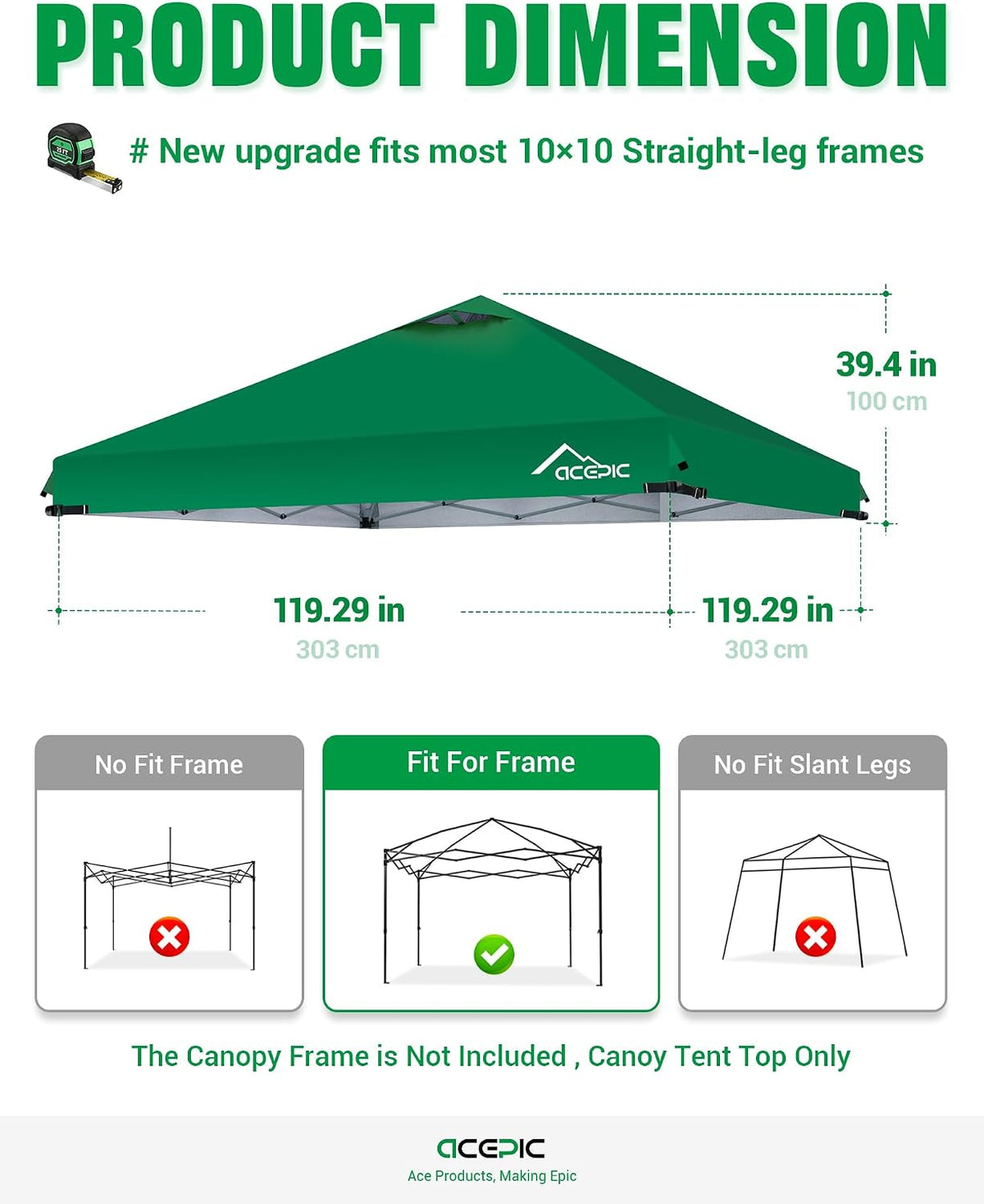 acepic upgraded 10x10 canopy replacement top with air showing dimensions