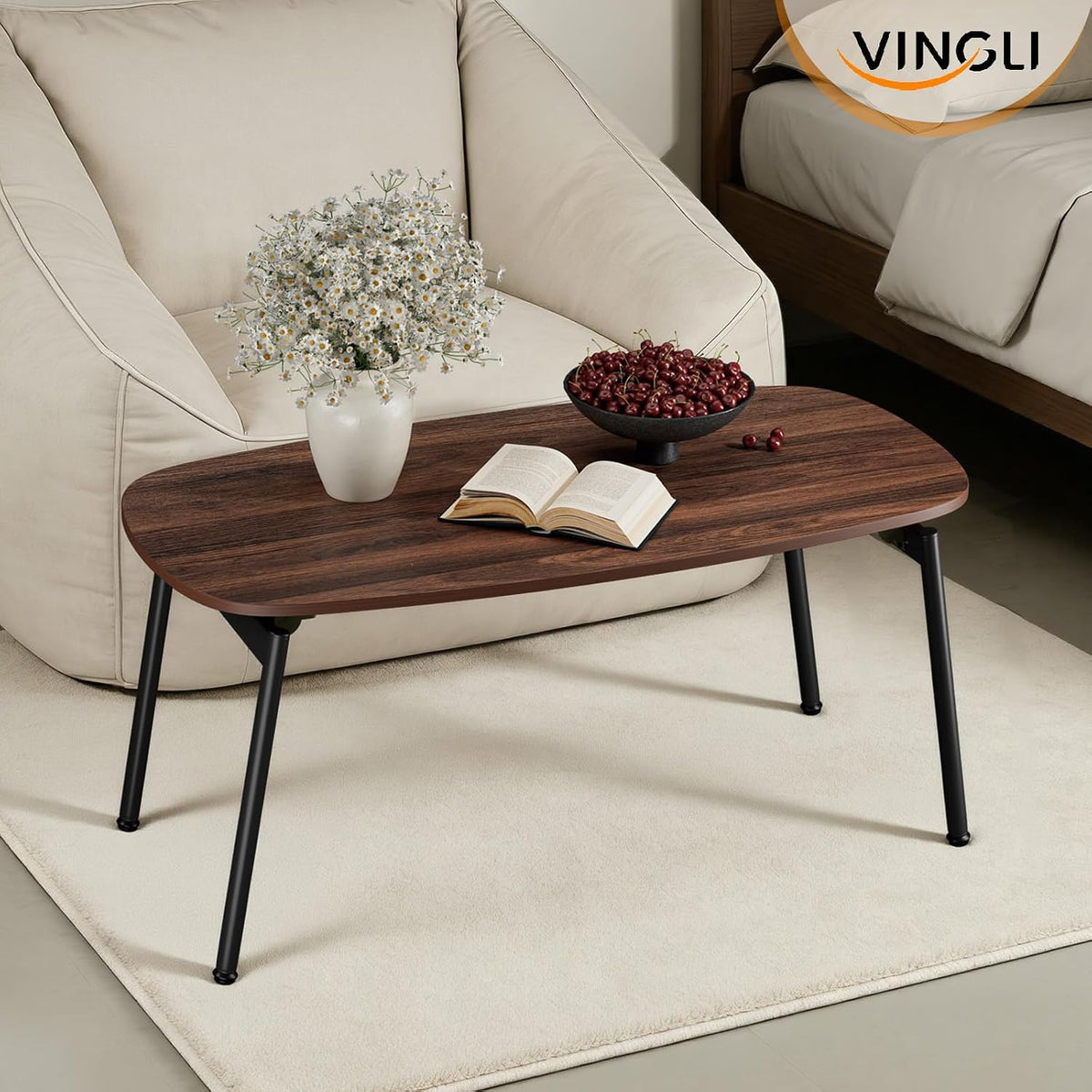 VINGLI 31.5" Folding Coffee Table Small, No Assembly Needed, Walnut
