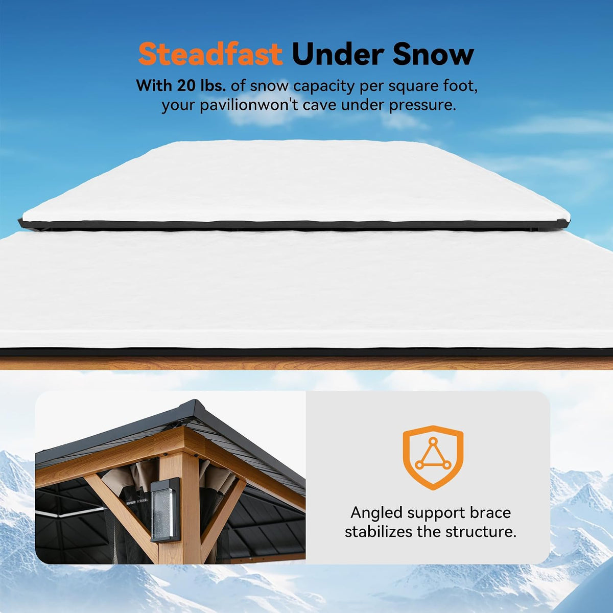 Modern Shade Hardtop Gazebo 12x16 with 4 LED Lights for Backyard Wood Grain