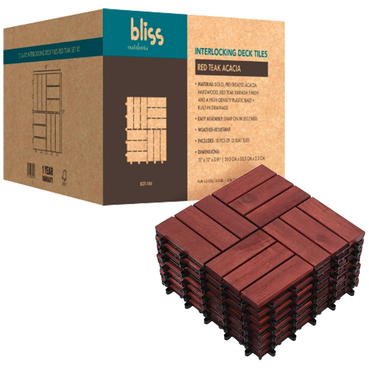 Bliss Outdoors Acacia Interlocking Deck Tiles, 12-Slat, Red, Set of 10