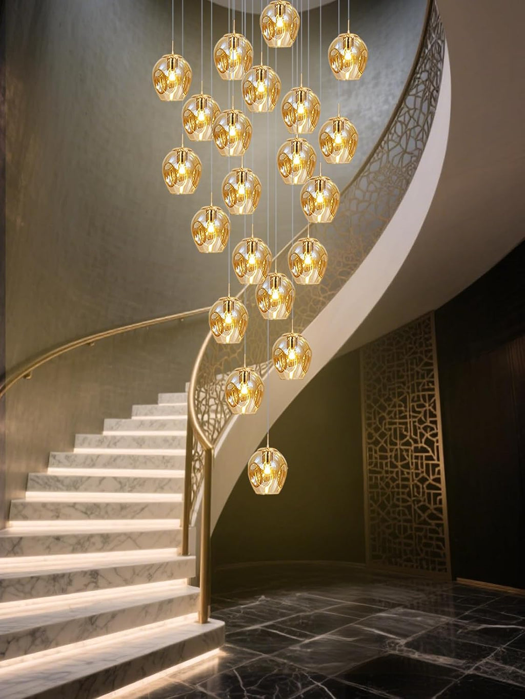Long Chandeliers for High Ceilings,Modern Crystal Balls Pendant Light,Globe Raindrop Drop Lamp,Flush Mount Hanging Lighting Fixtures for Spiral Staircase,Foyer,Entryway,Living,15 Lights